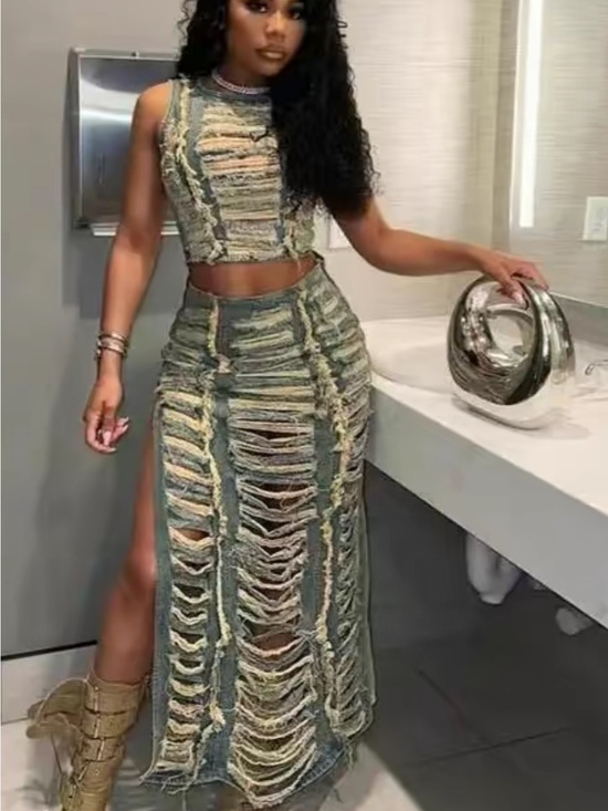 Dresses & Skirts - Distressed Two-Piece Maxi Skirt Set in Green